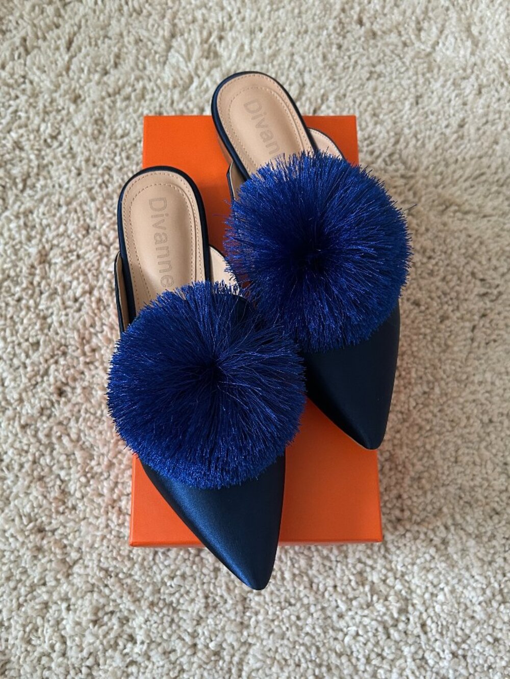 Divanne Navy Blue Pom-Pom Mules